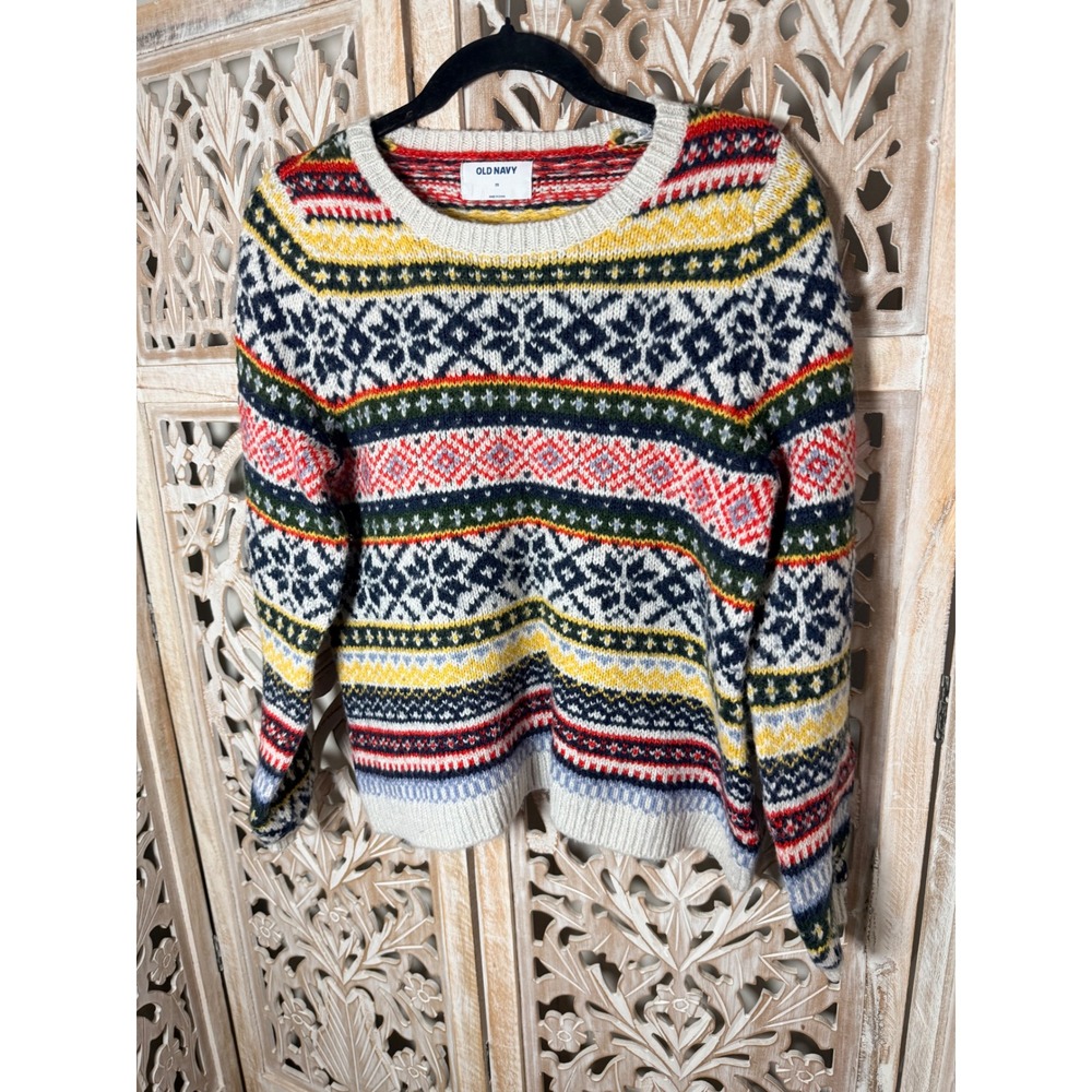 Old Navy Womens XS Fair Isle Crew Neck Sweater Multi Color Nordic Knit Pullover